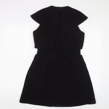 Back view of ASOS women’s black polyester a-line, size UK 10, crew neck zip