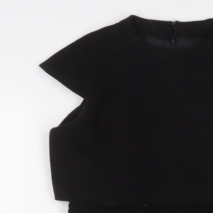 Close-up detail of ASOS women’s black polyester a-line, size UK 10, crew neck zip