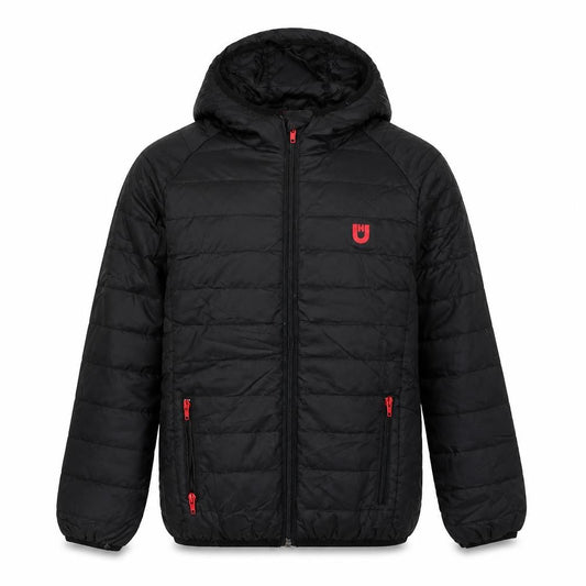 Front view of UNSUNGHERO boys’ black quilted jacket, size M, zip