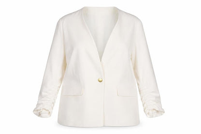 Front view of Soon women’s ivory jacket, size UK 20, button