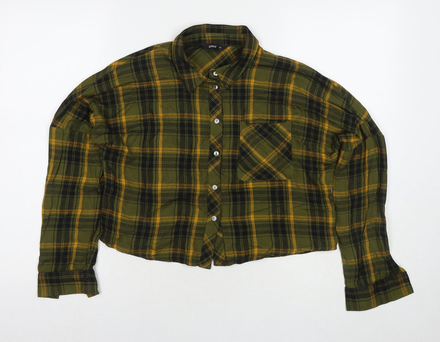 Only Womens Green Check Viscose Basic Button-Up Size 8 Collared