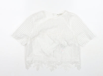 Additional front view of Miss Selfridge women’s white check polyester basic blouse, size UK 6, round neck