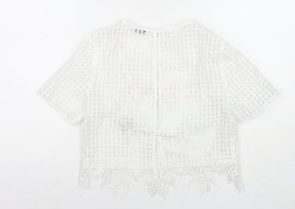 Back view of Miss Selfridge women’s white check polyester basic blouse, size UK 6, round neck