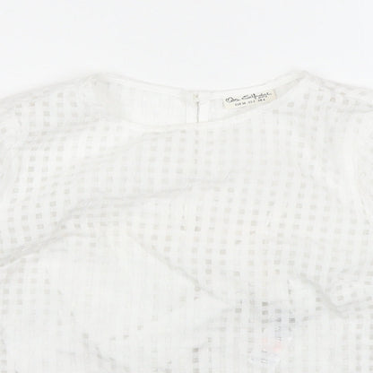 Close-up detail of Miss Selfridge women’s white check polyester basic blouse, size UK 6, round neck