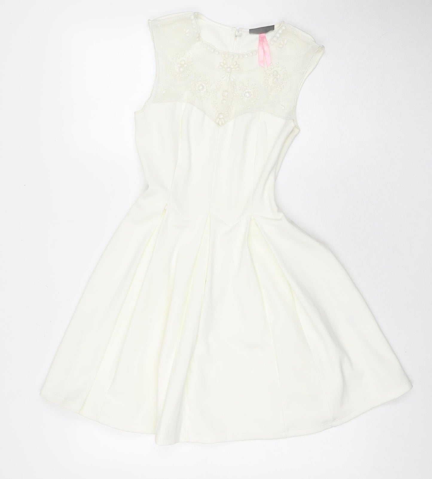 Lipsy Womens White Polyester Fit & Flare Size 8 Round Neck Zip - Lace Detail