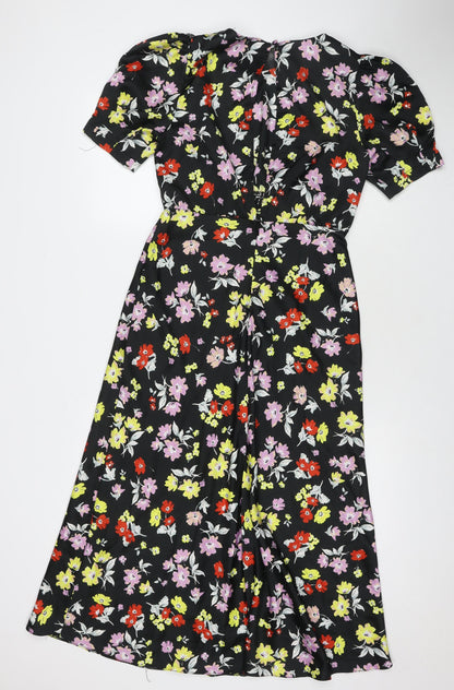 Back view of ASOS women’s black floral polyester maxi, size UK 10, round neck zip