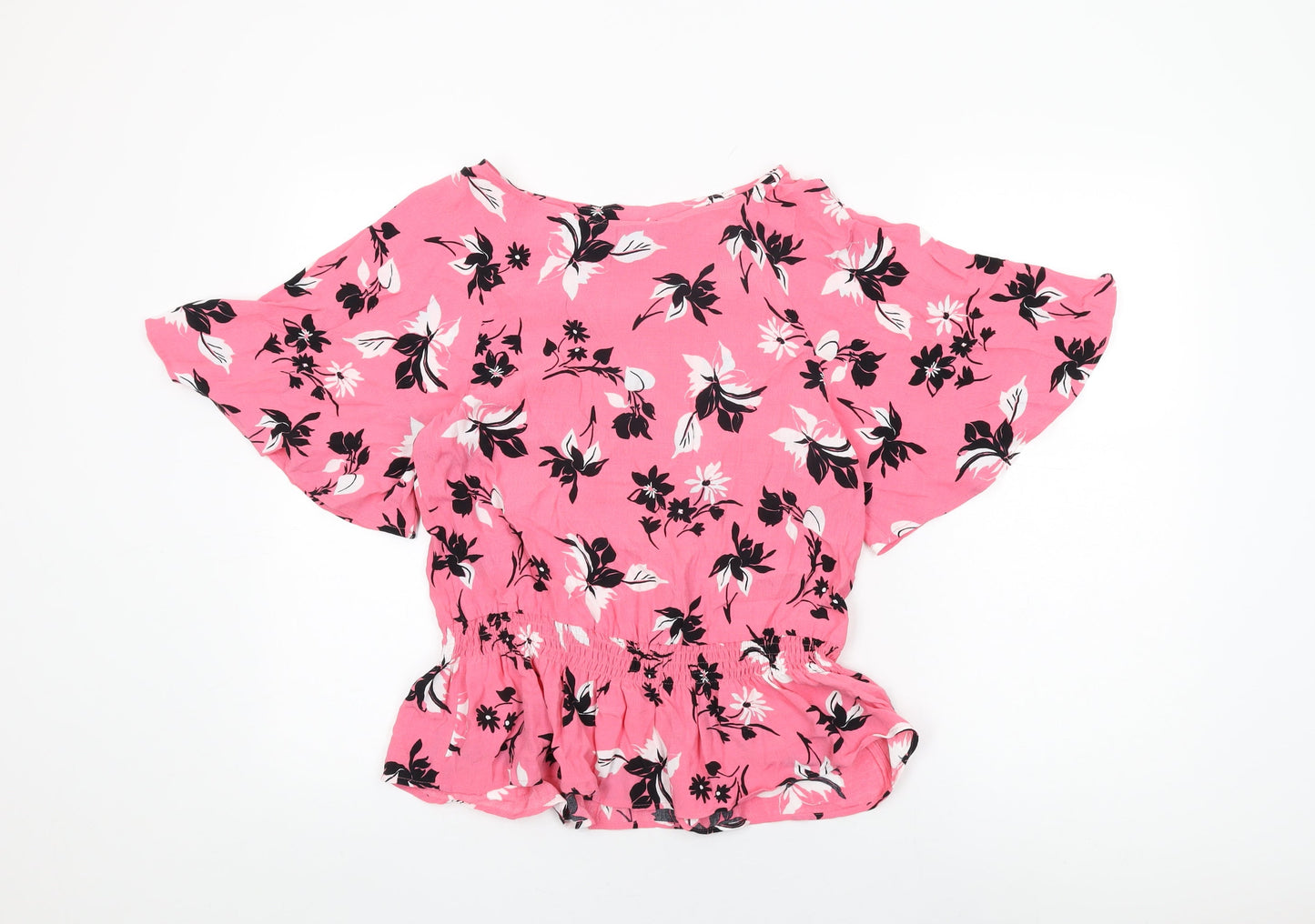 Marks and Spencer Womens Pink Floral Viscose Basic Blouse Size 8 Boat Neck