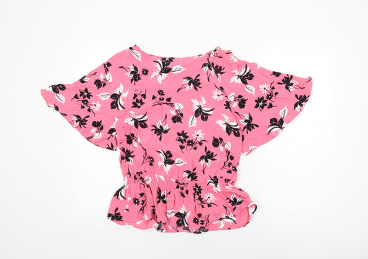Marks and Spencer Womens Pink Floral Viscose Basic Blouse Size 8 Boat Neck