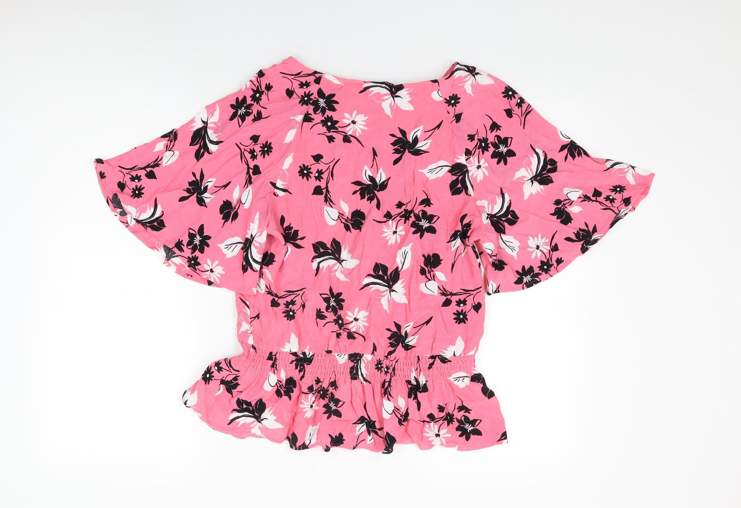 Marks and Spencer Womens Pink Floral Viscose Basic Blouse Size 8 Boat Neck