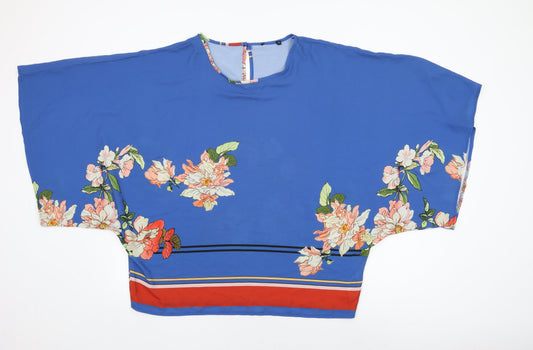 Quiz Womens Blue Floral Polyester Basic Blouse Size M Round Neck - Size M/L