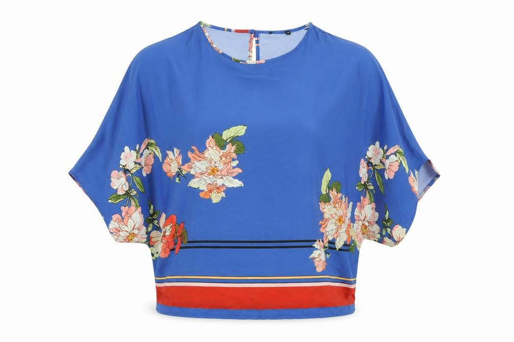Quiz Womens Blue Floral Polyester Basic Blouse Size M Round Neck - Size M/L