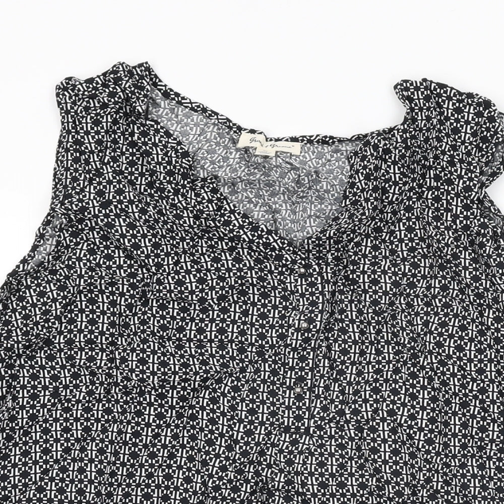 Grand & Greene Womens Black Geometric Viscose Basic T-Shirt Size M V-Neck