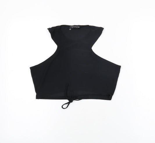 PRETTYLITTLETHING Womens Black Polyester Cropped T-Shirt Size 12 Round Neck