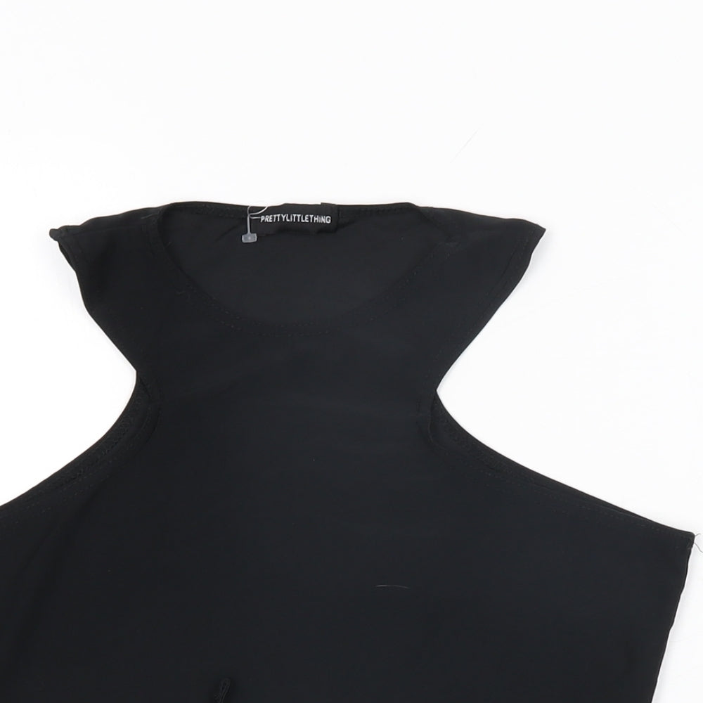 PRETTYLITTLETHING Womens Black Polyester Cropped T-Shirt Size 12 Round Neck