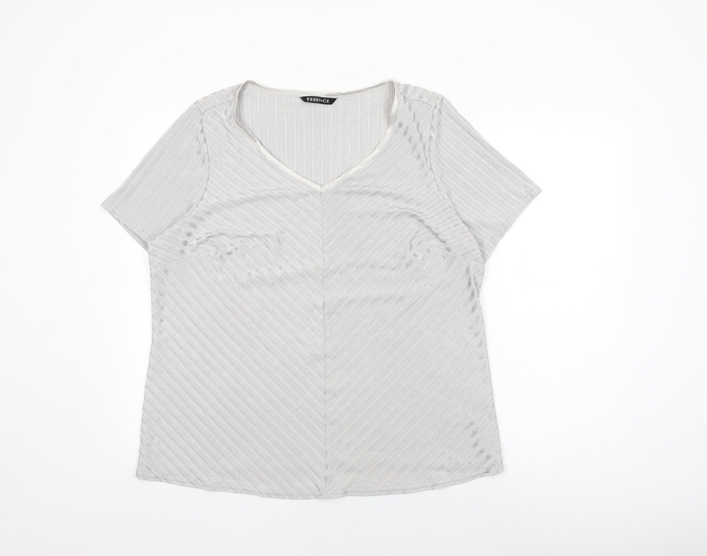 essence Womens Grey Striped Polyester Basic T-Shirt Size 20 V-Neck