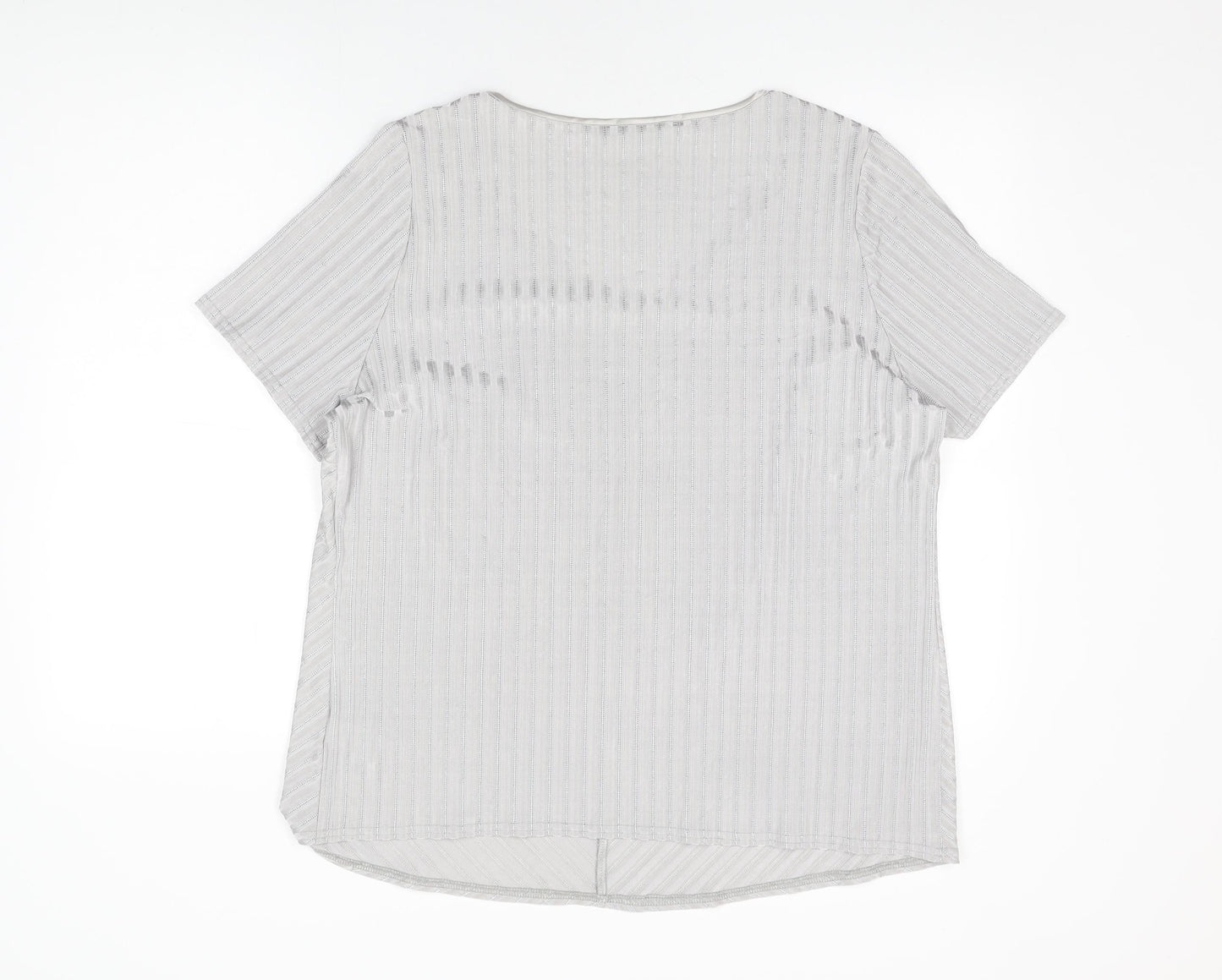 essence Womens Grey Striped Polyester Basic T-Shirt Size 20 V-Neck