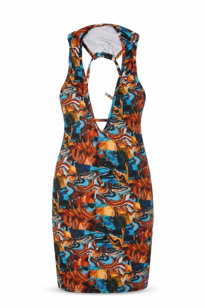 PRETTYLITTLETHING Womens Multicoloured Geometric Polyester Bodycon Size 12 V-Neck Tie