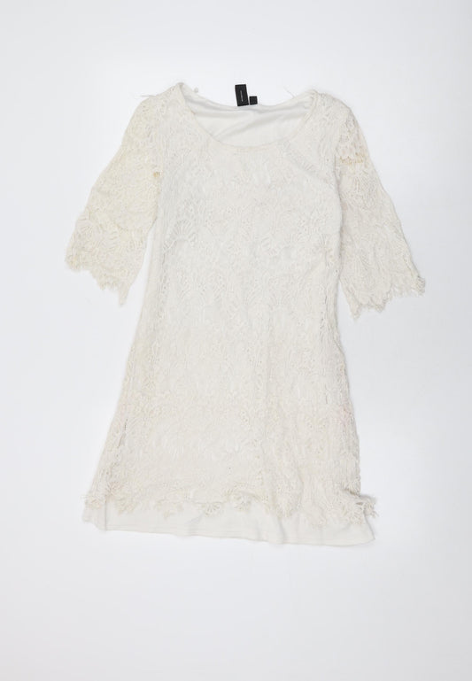 Izabel London Womens White Floral Polyester Mini Size 8 Round Neck Lace Up