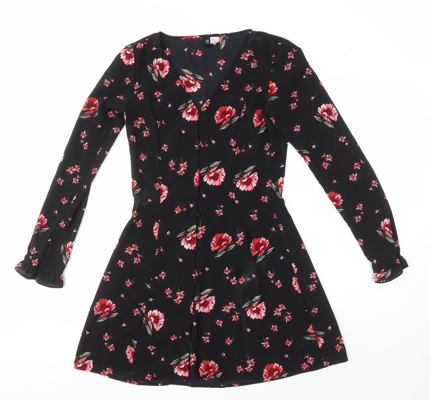H&M Womens Multicoloured Floral Polyester A-Line Size 8 V-Neck
