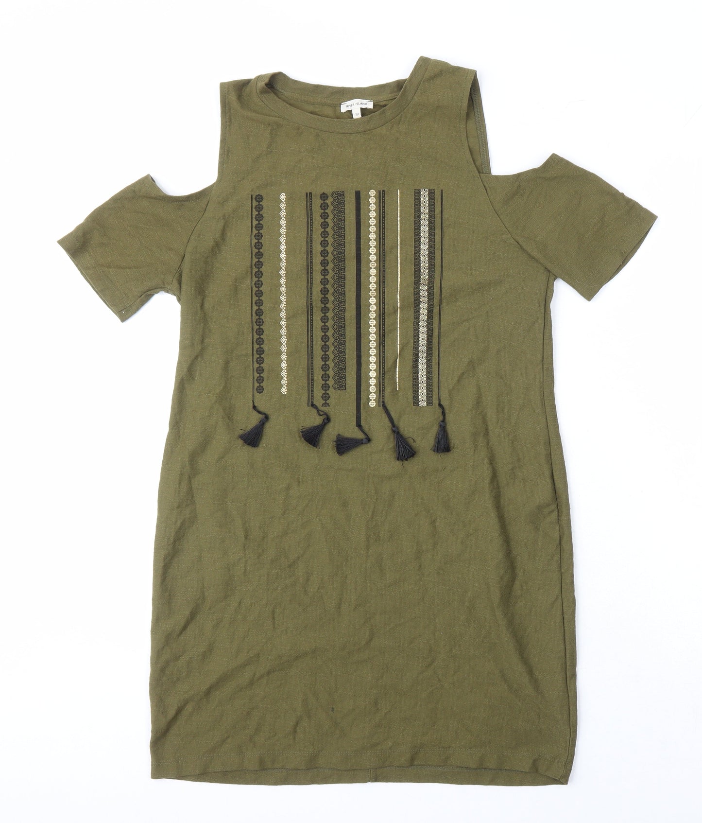 River Island Womens Green Geometric Cotton Shift Size 10 Round Neck - Cold shoulder