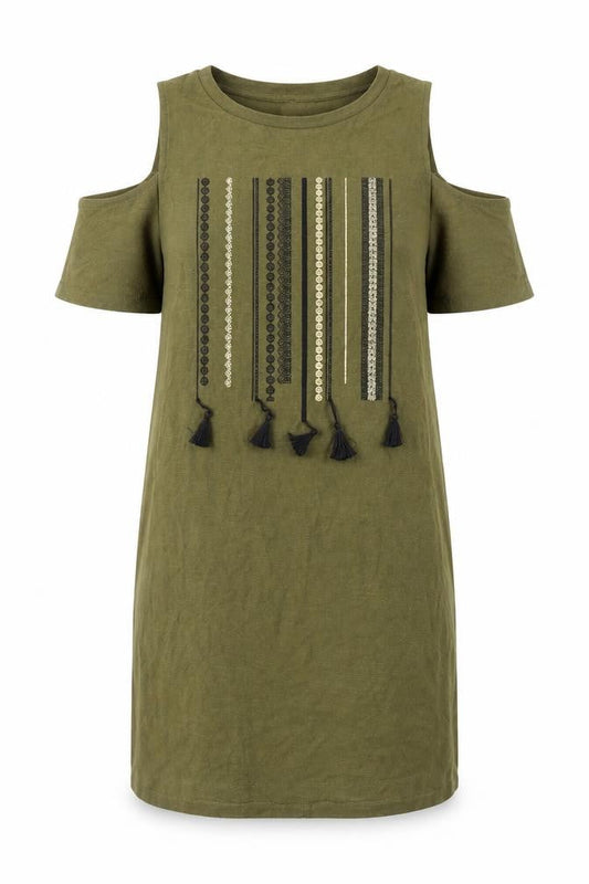 River Island Womens Green Geometric Cotton Shift Size 10 Round Neck - Cold shoulder