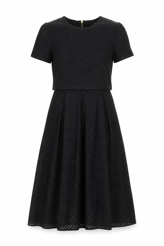 Front view of Miss Selfridge women’s black cotton a-line, size UK 8, round neck zip