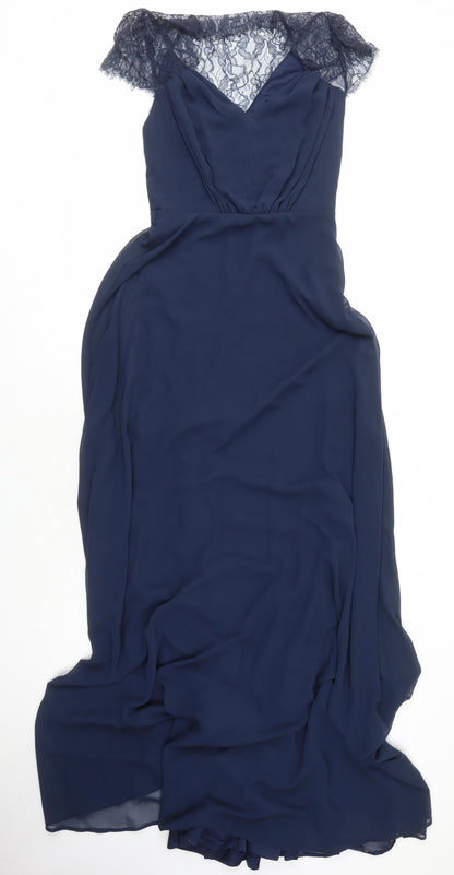 Additional front view of ASOS women’s blue polyester ball gown, size UK 8, square neck