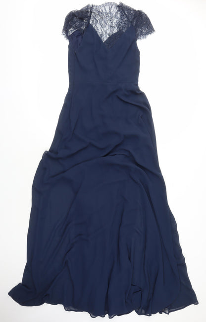 Back view of ASOS women’s blue polyester ball gown, size UK 8, square neck