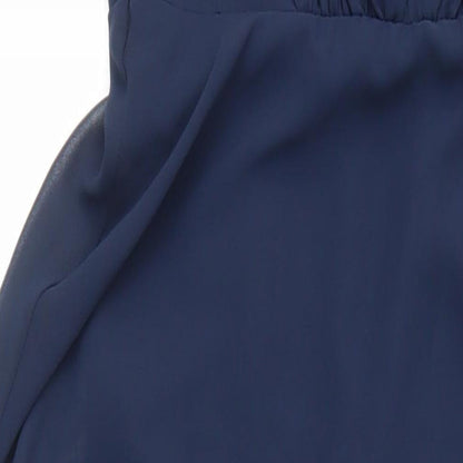 Close-up detail of ASOS women’s blue polyester ball gown, size UK 8, square neck