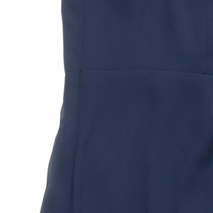 Brand and care label for ASOS women’s blue polyester ball gown, size UK 8, square neck