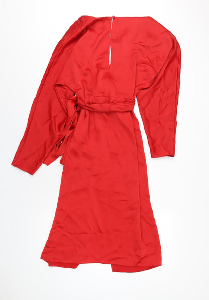 Back view of ASOS women’s red polyester a-line, size UK 14, v-neck zip
