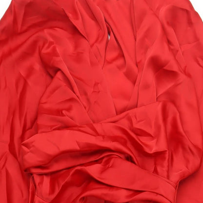 Close-up detail of ASOS women’s red polyester a-line, size UK 14, v-neck zip