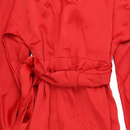 Brand and care label for ASOS women’s red polyester a-line, size UK 14, v-neck zip