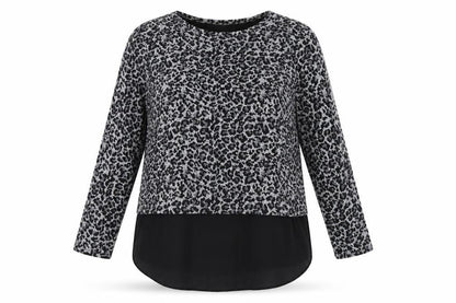 Oasis Womens Grey Animal Print Polyester Basic T-Shirt Size L Round Neck