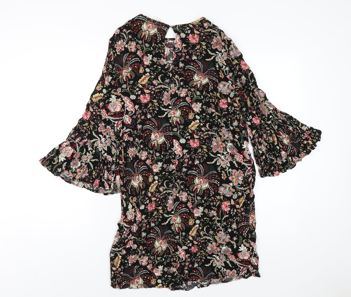 H&M Womens Black Geometric Viscose A-Line Size 12 Round Neck Button