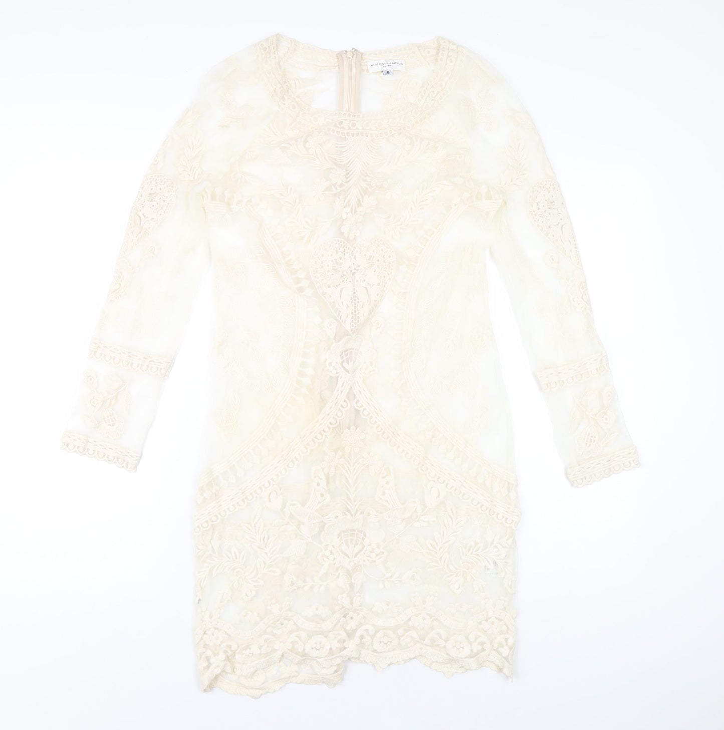 Almost Famous Womens Ivory Cotton A-Line Size 8 Round Neck Zip