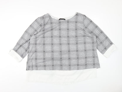 Front view of Dunnes women’s grey plaid polyester basic t-shirt, size UK 20, round neck