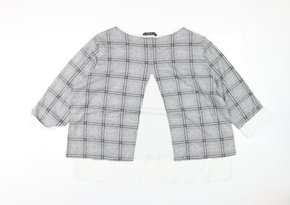 Back view of Dunnes women’s grey plaid polyester basic t-shirt, size UK 20, round neck