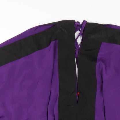 Close-up detail of ASOS women’s purple polyester basic blouse, size UK 14, v-neck