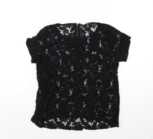 Zara Womens Black Polyester Basic T-Shirt Size M Round Neck