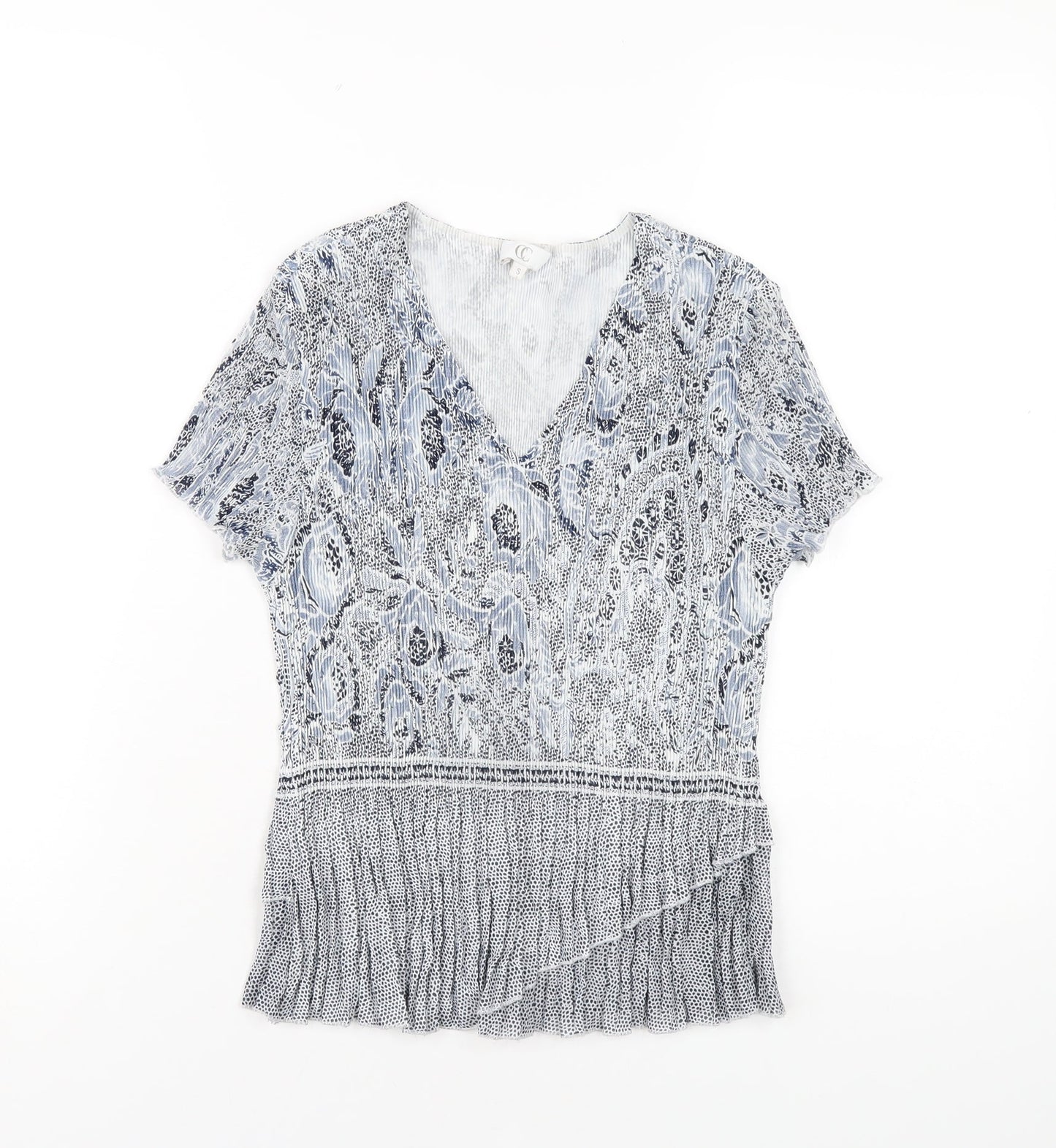 CC Womens Blue Geometric Polyester Basic T-Shirt Size S V-Neck