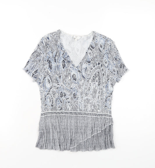 CC Womens Blue Geometric Polyester Basic T-Shirt Size S V-Neck