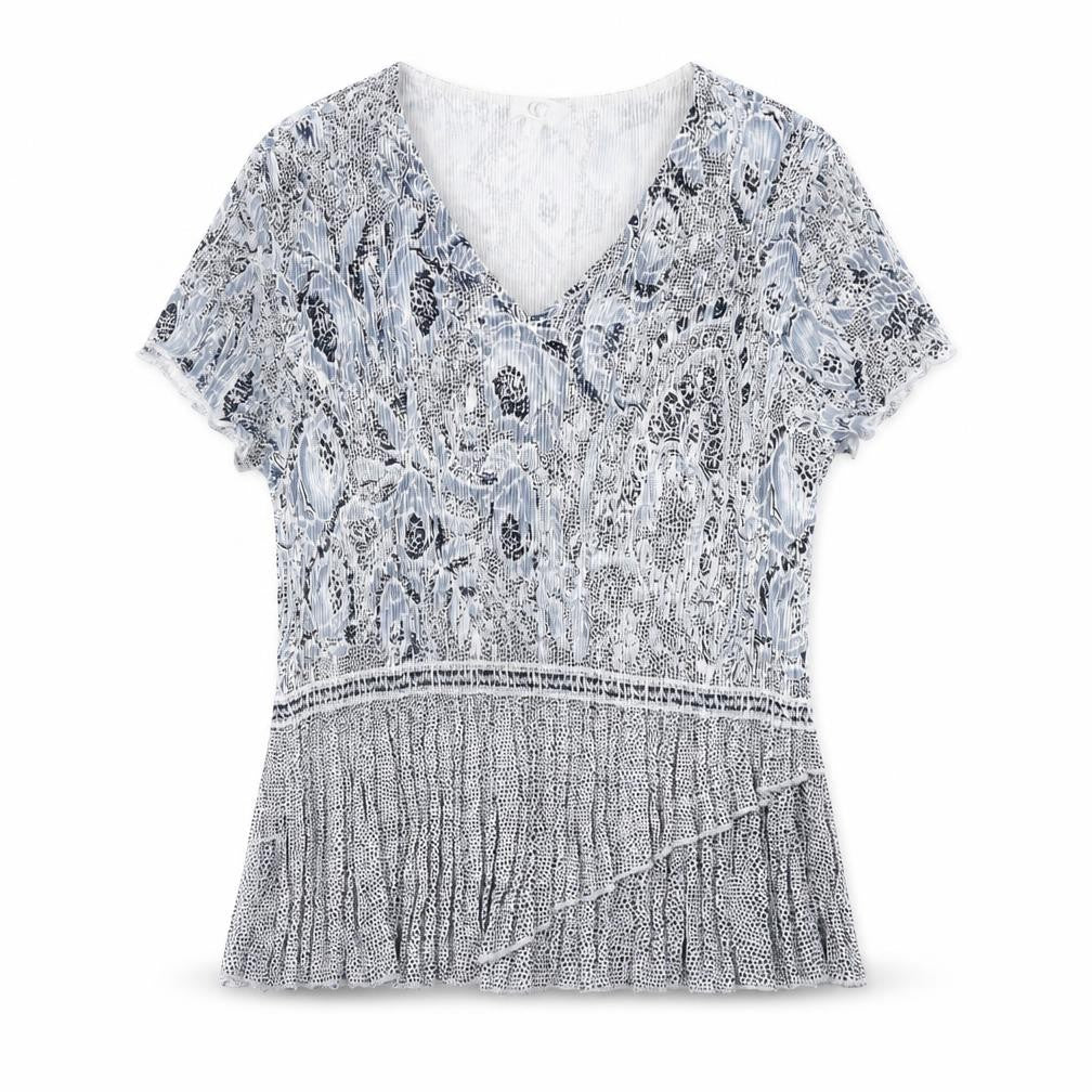 Country Casuals Womens Blue Geometric Polyester Basic T-Shirt Size S V-Neck