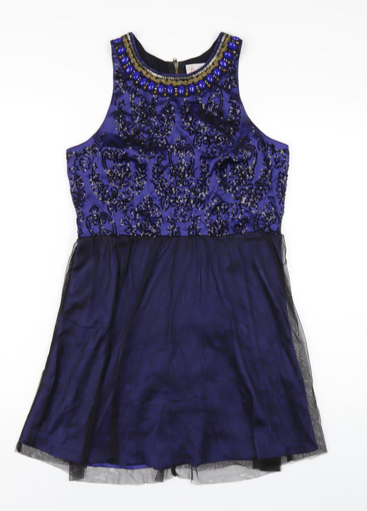 Be Beau Womens Blue Polyester A-Line Size 10 Round Neck Zip