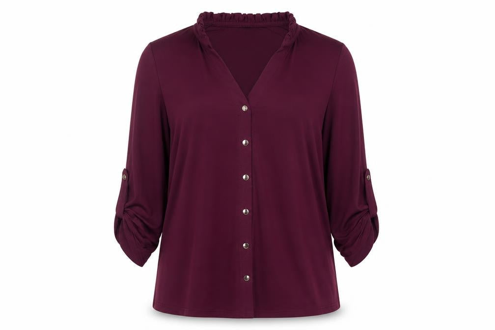 Roman Womens Purple Polyester Basic Button-Up Size 14 V-Neck