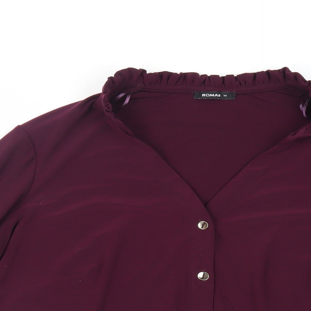 Roman Womens Purple Polyester Basic Button-Up Size 14 V-Neck