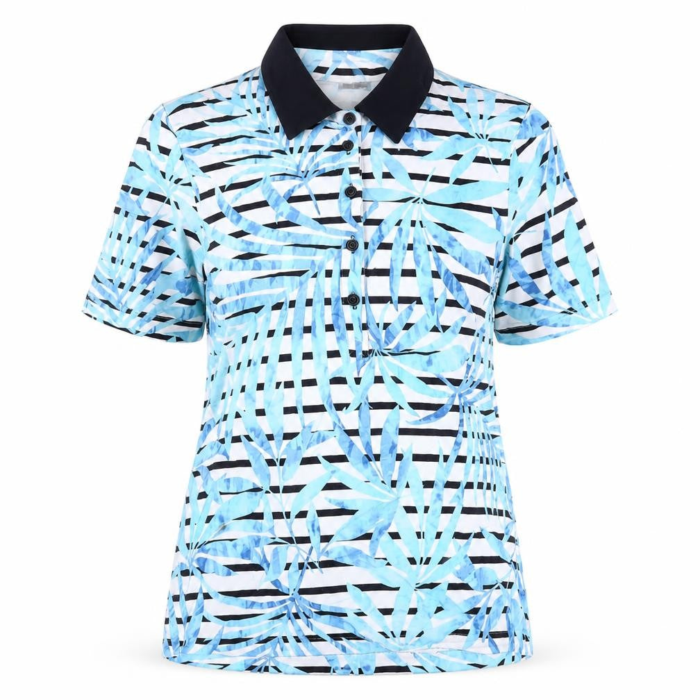 Barbara Lebek Womens Blue Geometric Viscose Basic Polo Size 12 Collared