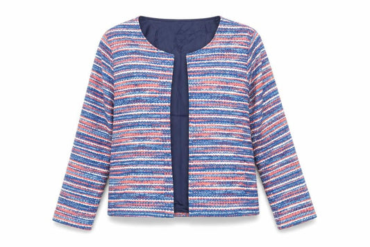 Front view of Anne De Lancay women’s blue striped jacket blazer, size M, button