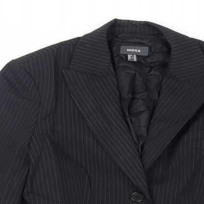 Close-up detail of Mexx women’s black striped jacket blazer, size UK 10, button