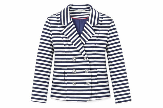 Front view of Red Herring women’s blue striped jacket blazer, size UK 8, button
